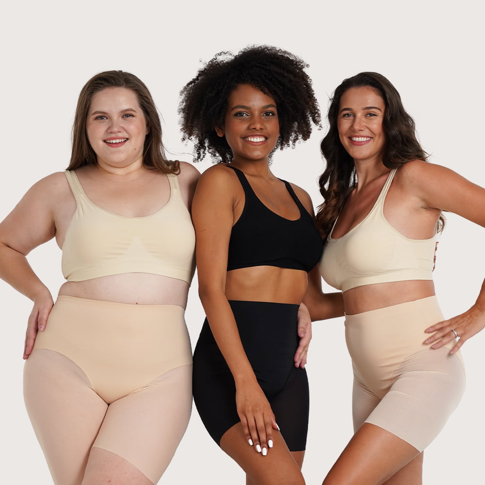 Tres mujeres usando shapewear en distintos tonos de piel