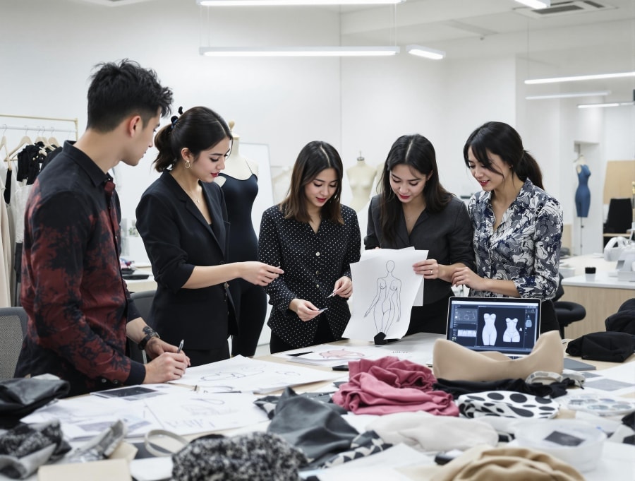 Equipo de producto coordinando modelos, materiales y diseños de fajas moldeadoras